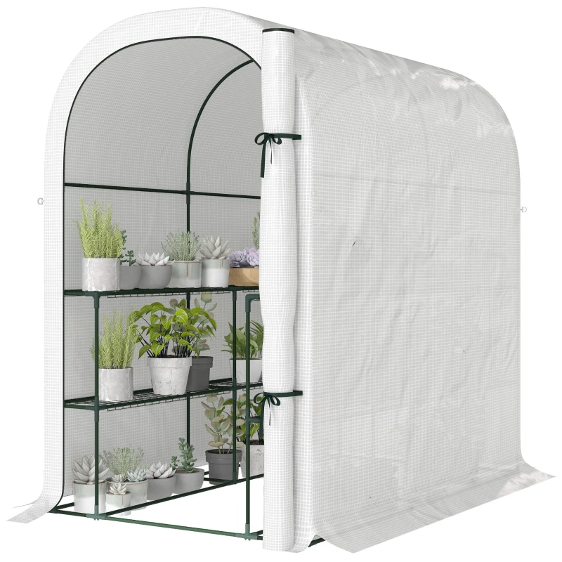 Outsunny Garden Greenhouse with 2-Tier Shelves and Roll-Up Door, Steel & PE, 123x187x189 cm, White