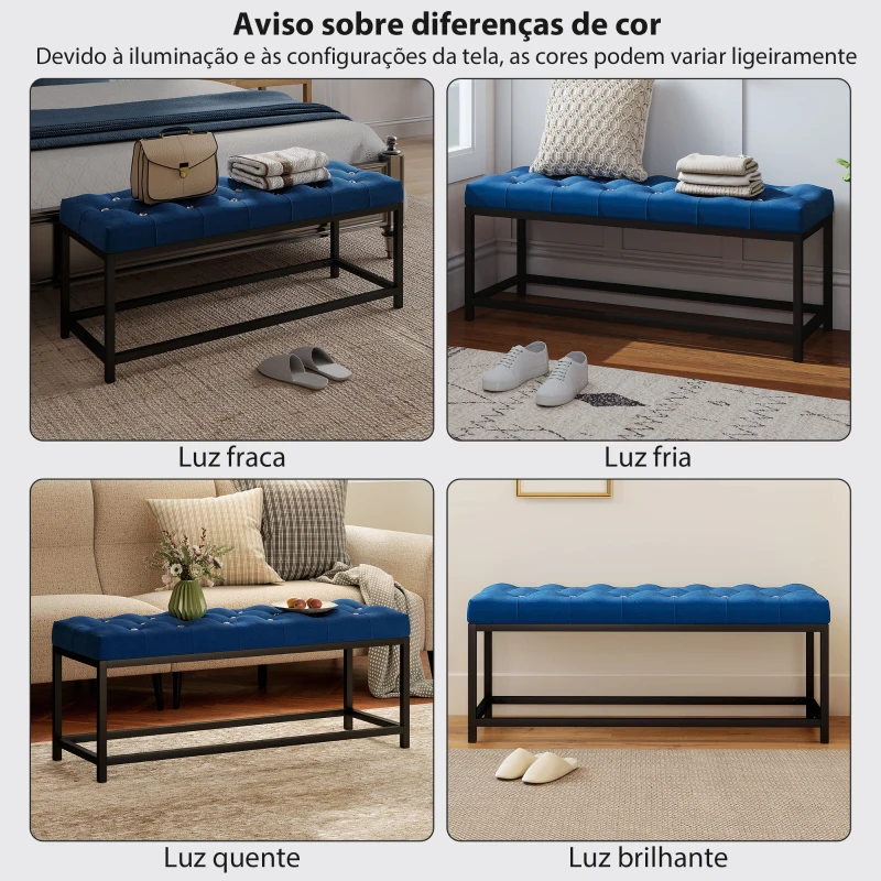 HOMCOM Banco ao Pé da Cama Estofado em Veludo Design Capitoné Base de Metal Banco para Quarto Entrada Sala 117x40x48 cm Azul Escuro