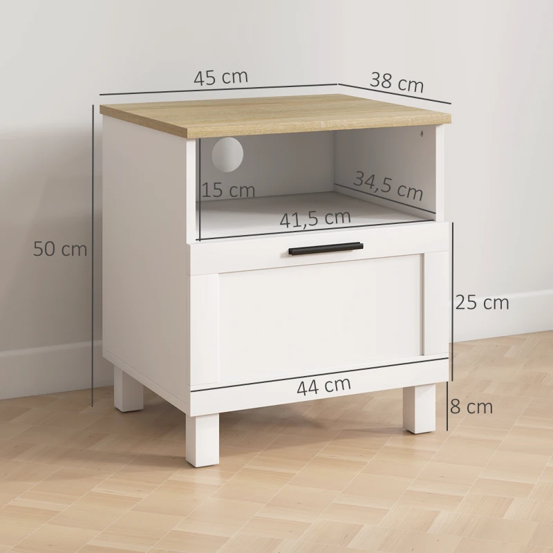 HOMCOM Mesa de Cabeceira Moderna Minimalista com Gaveta e Prateleira Aberta em Madeira 45x38x50 cm Branco e Cor Madeira