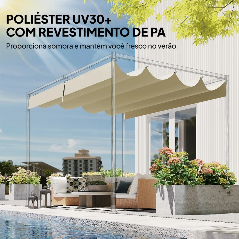 Outsunny Teto de Substituição Retrátil 3,92x3,5 m para Estrutura de 4x3 m Toldo de Tecido Apenas para Jardim com 8 Orifícios Creme
