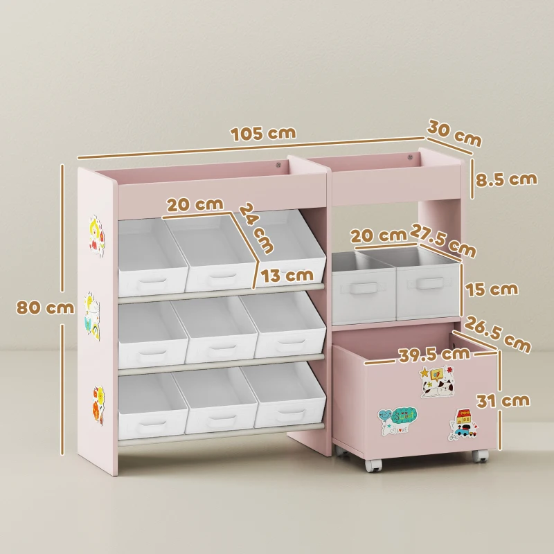 AIYAPLAY Kids Toy Storage Unit with 11 Bins, Cabinet, Top Shelves, 3 Stickers, for Nursery, Playroom, Pink
