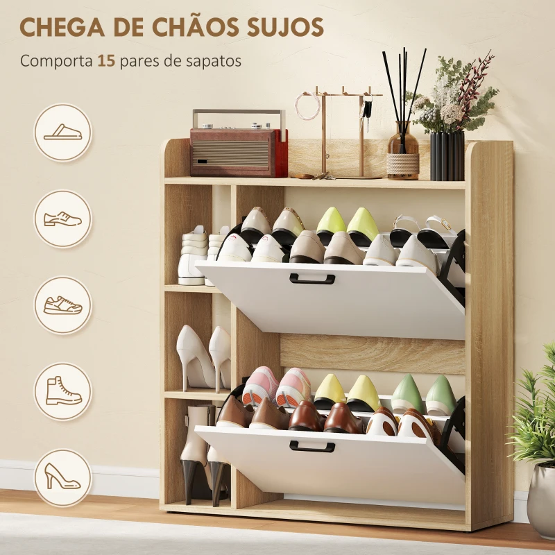 HOMCOM Sapateira Estreita com 3 Prateleiras Laterais e Prateleiras Ajustáveis para 15 Pares de Sapatos 83x24x90,5 cm Madeira e Branco