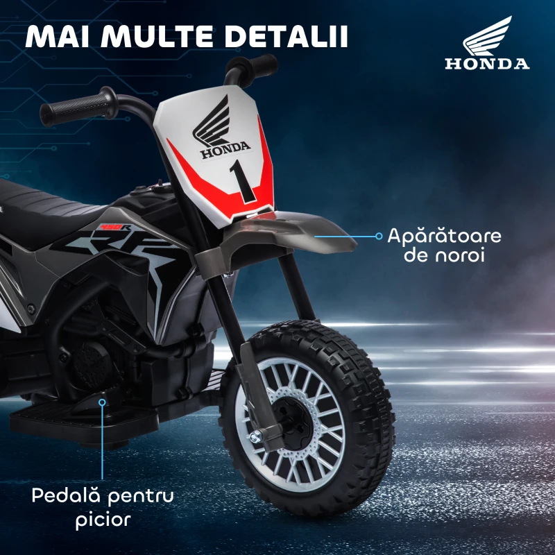 HOMCOM Motocicletă Electrică pentru Copii sub Licență Honda CRF450RL cu 3 Roți și Claxon, 71x40.5x43.5 cm, Gri