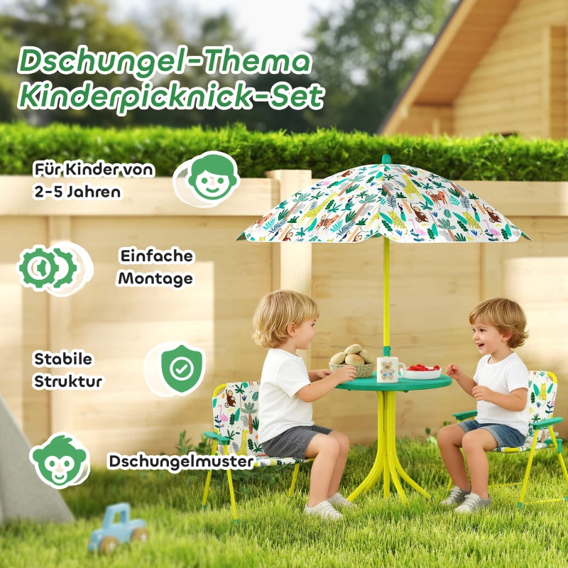 AIYAPLAY Kinderset, 4-delige kinderset met afneembare parasol, kindertafel met 2 opvouwbare stoelen, Groen