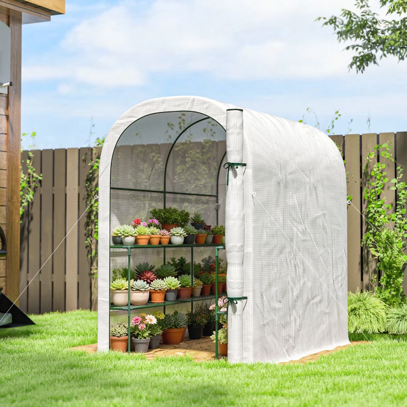 Outsunny Walk-in Greenhouse with Shelves, Small Greenhouse with PE Cover and Roll-up Door, 123 x 187 x 189 cm, White