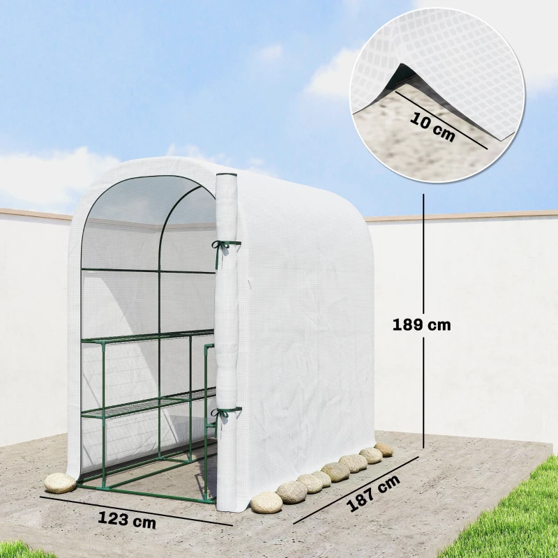 Outsunny Estufa de Jardim com Prateleiras de 2 Níveis e Porta Enrolável em Aço e PE 123x187x189 cm Branco