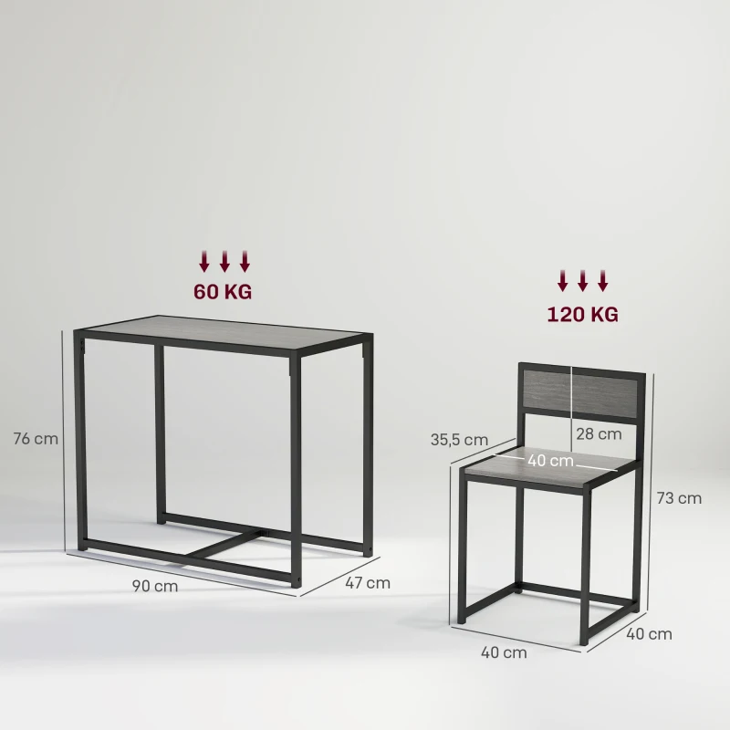 HOMCOM Ensemble table haute 3 pièces Set table haute 3 pièces, 2 chaises, 1 table, 90 cm x 47 cm x 76 cm, Gris
