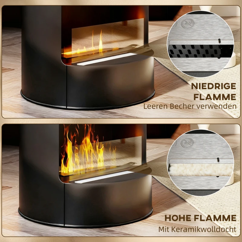 HOMCOM Bio-ethanol haard, vrijstaand, binnen-ethanolhaard, staal, roestvrij staal, glas, zwart