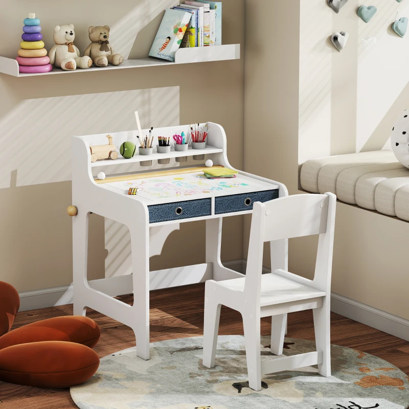 AIYAPLAY Bureau enfant avec chaise, table enfant et chaise avec 2 tiroirs en tissu et porte-gobelet, 62,8x55,6x73,8cm, blanc