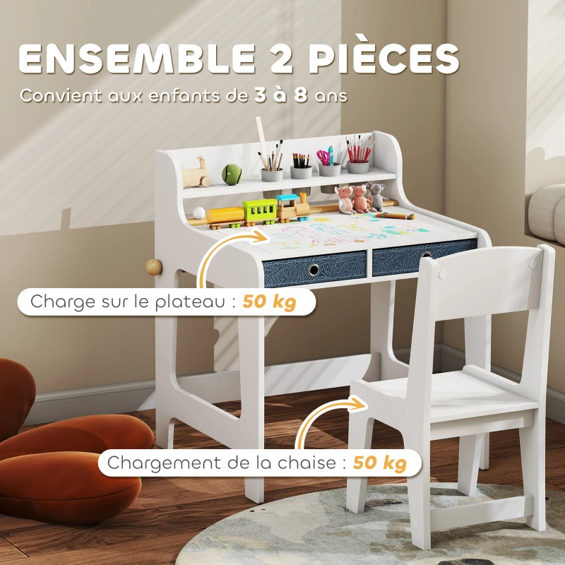 AIYAPLAY Bureau enfant avec chaise, table enfant et chaise avec 2 tiroirs en tissu et porte-gobelet, 62,8x55,6x73,8cm, blanc