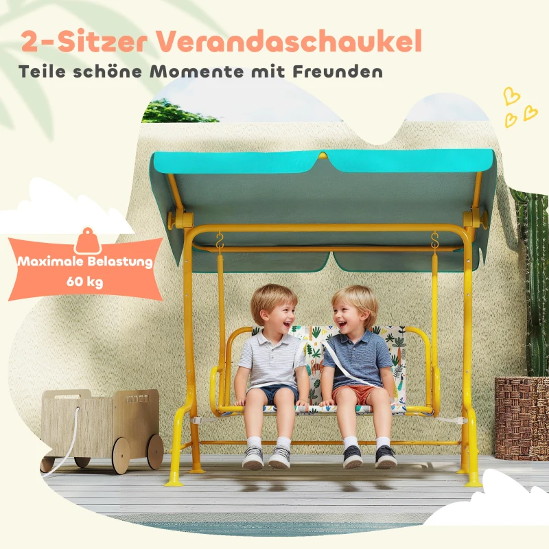AIYAPLAY 2-zits Kinder Hollywoodschommel met verstelbaar Sonnendach Sicherheitsgurt voor 3-6 Jahre bis 60 kg 112x75x120cm Groen