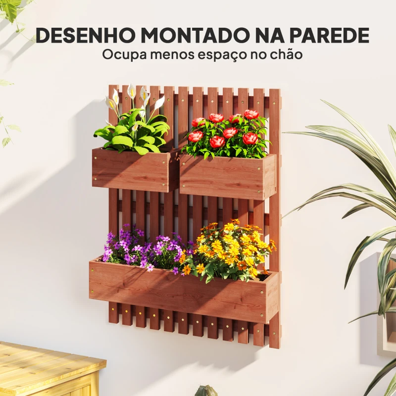 Outsunny Floreira de Parede com Treliça Floreira Vertical de Madeira com 4 Vasos Móveis e Orifício de Drenagem  60x16x80 cm Castanho