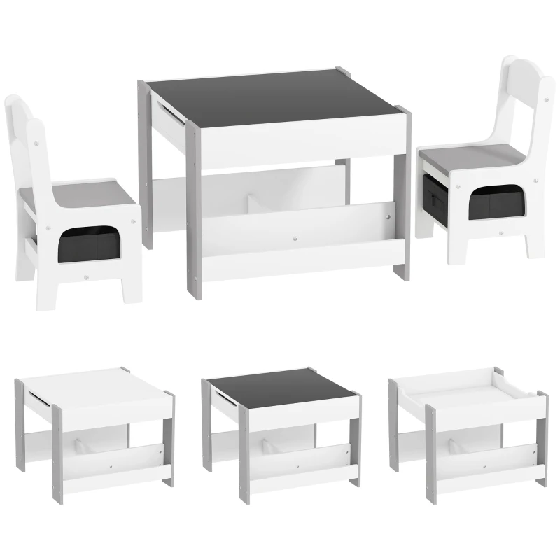 HOMCOM Ensemble 3 pièces table et 2 chaises pour enfant avec plateau réversible tableau noir, panier de rangement, étagères