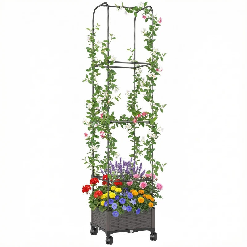 Outsunny Jardinière surélevée avec treillis bac mobile à roulettes trou de drainage, bac de plantation 40 x 40 x 185 cm