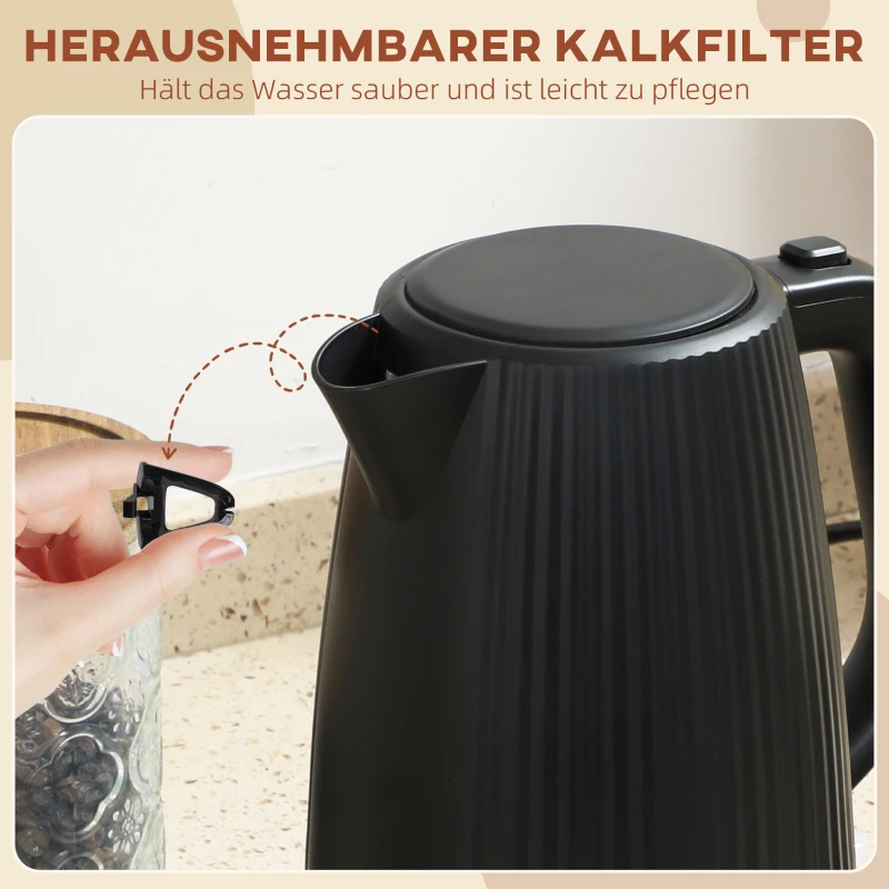 HOMCOM Elektrische waterkoker, 1,7L, snelkookfunctie, 2025W, met uitneembaar kalkfilter, automatische uitschakeling, Zwart
