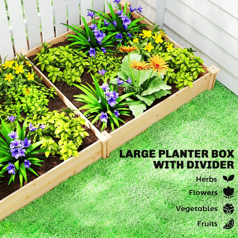 Outsunny Raised Garden Bed, Wooden Planter Box with Divider and Open Bottom for Flowers, Herbs, Vegetables, DIY Painting