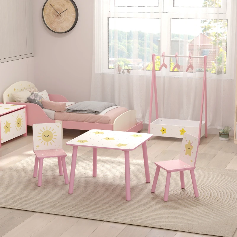 AIYAPLAY Table enfant avec chaise, ensemble table et 2 chaises enfant en bois, motifs d'étoile, 60 x 60 x 44 cm, rose