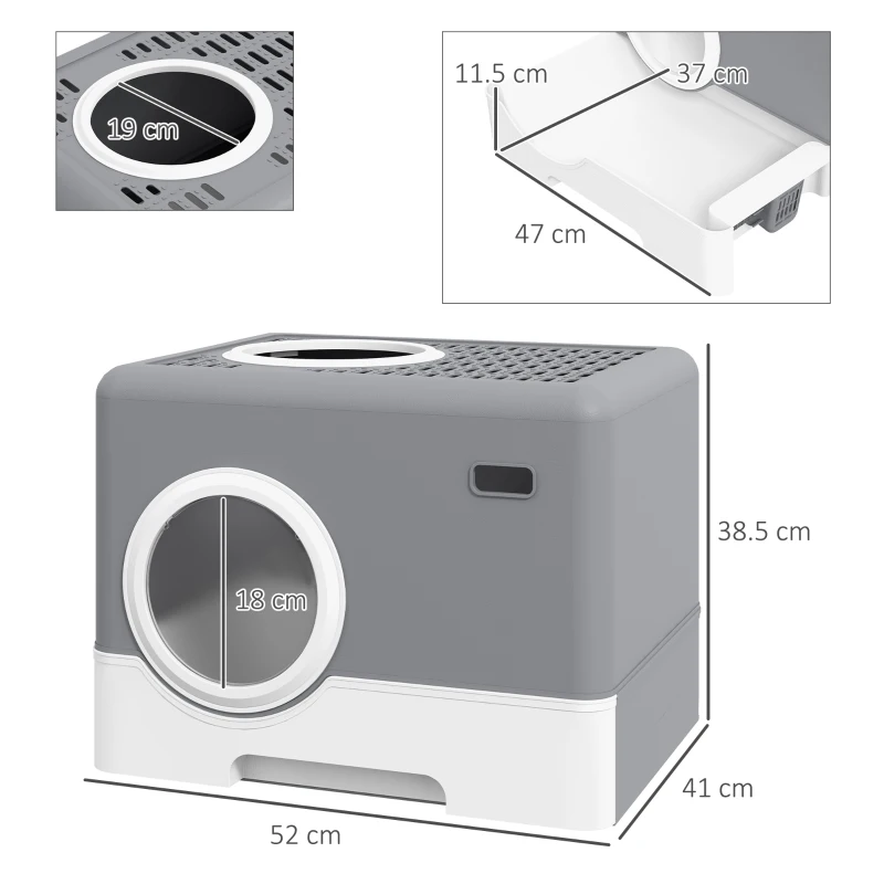 PawHut Litieră pentru Pisici cu Capac, Lopețică și Tăviță Detașabilă Gri