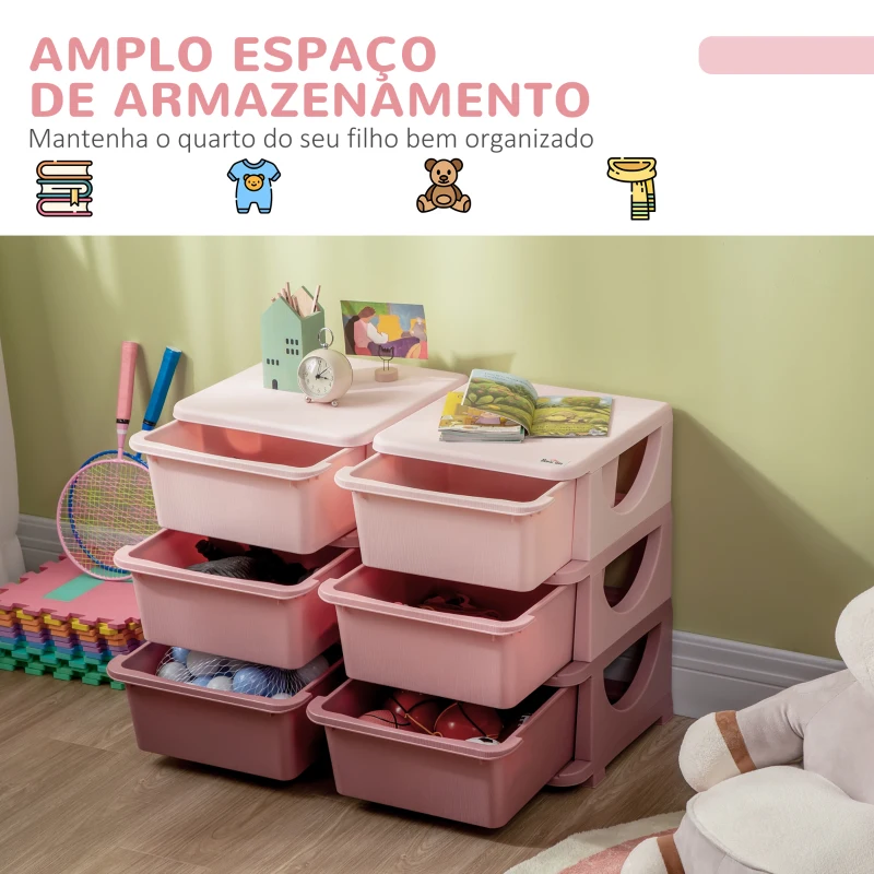 HOMCOM Organizador de Brinquedos com 6 Gavetas para Crianças com Bordas Arredondadas e Pegas 75x37x56,5 cm Rosa