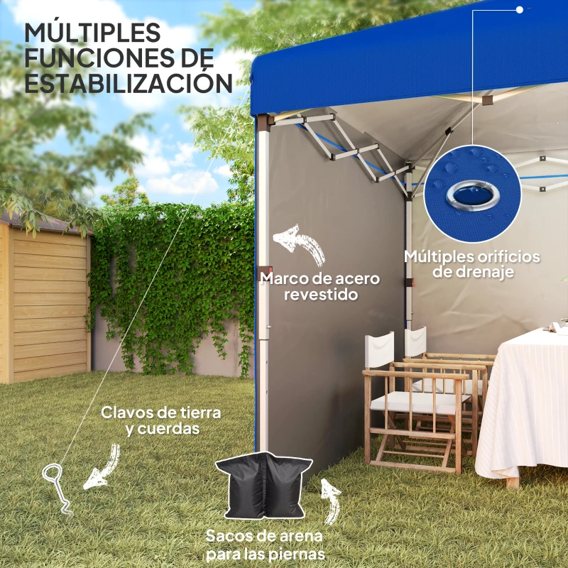 Outsunny Carpa Plegable Pop-up 3x3 m con 2 Paredes Laterales Anti-UV Altura Ajustable Sacos de Arena y Bolsa de Transporte Azul