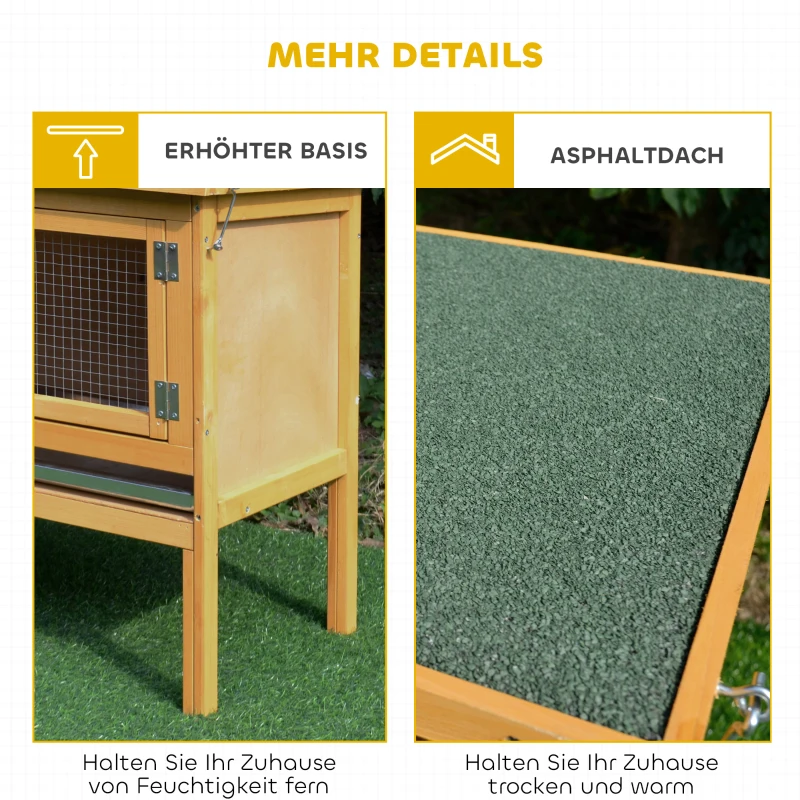 PawHut Hasenstall Kaninchenstall aus Holz mit aufklappbarem Dach, 2 Türen, auslaufsicherer Schale, 115x44,3x65 cm Hellgelb