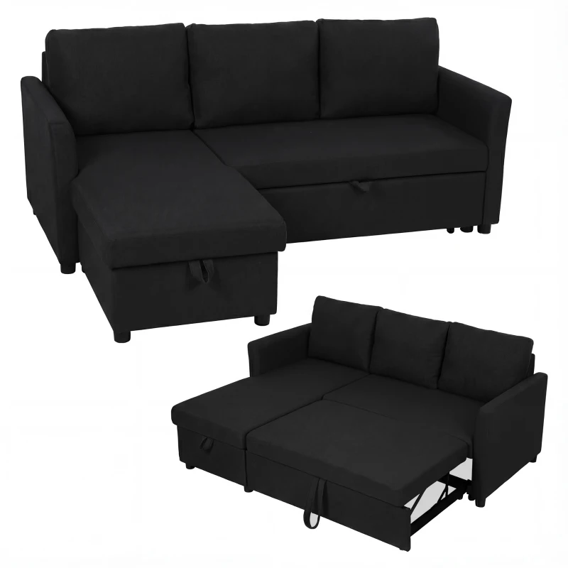 HOMCOM Divano Letto Angolare Effetto Lino con Vano Portaoggetti a Scomparsa, 192x148x86 cm, Grigio Antracite