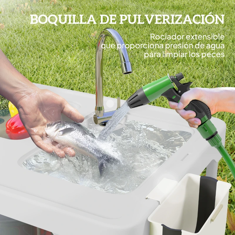 Outsunny Mesa Plegable para Camping con 2 Fregaderos Manguera de Drenaje Estación de Limpieza y Grifo Blanco