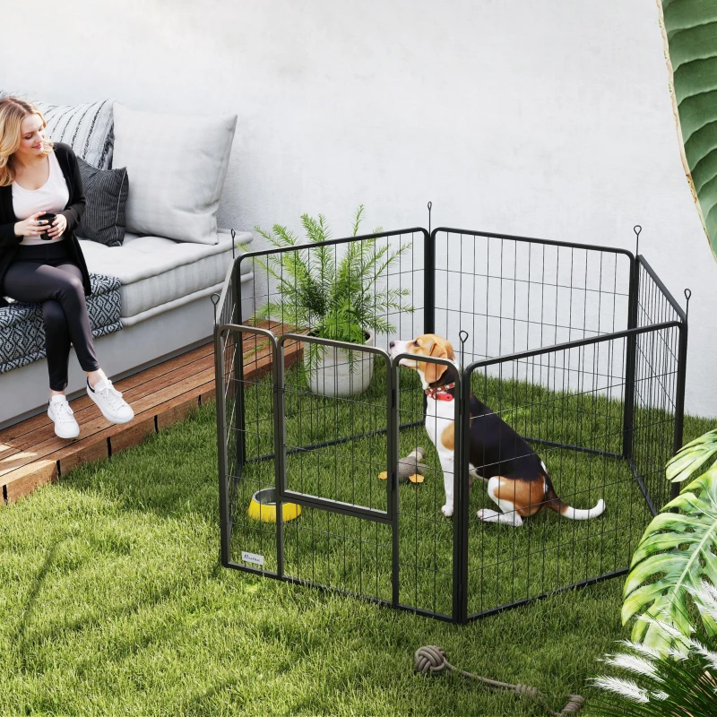 PawHut Parque para Perros de 6 Paneles de 80 cm de Altura con Puerta para Interior y Exterior Negro