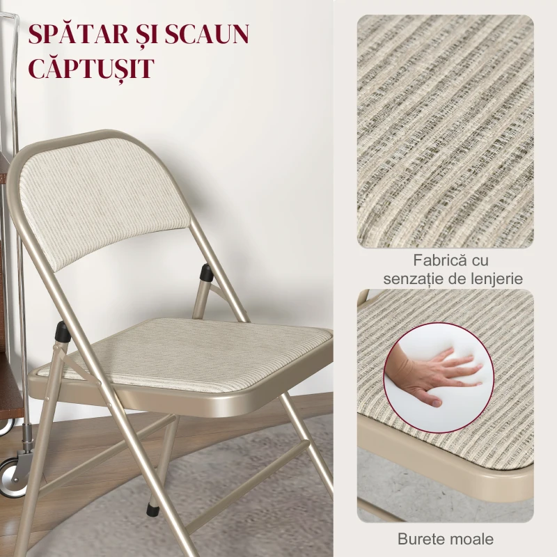 HOMCOM Set de 4 Scaune Pliabile, Scaune Moderne cu Perne din Poliester pentru Acasă și Birou, 45x46x78 cm, Bej