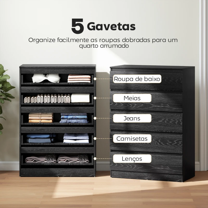 HOMCOM Cómoda 5 Gavetas Cômoda para Quarto Móvel de Arrumação Estilo Moderno 77x40x111,5 cm Preto Veteado