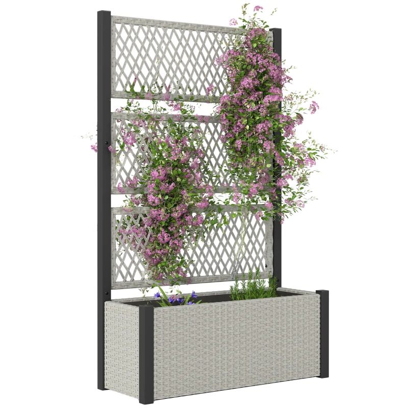 Outsunny Hoogbed met klimrek in rattanlook plantenbak bloembak met rankhulp 90 x 35 x 148 cm Grijs