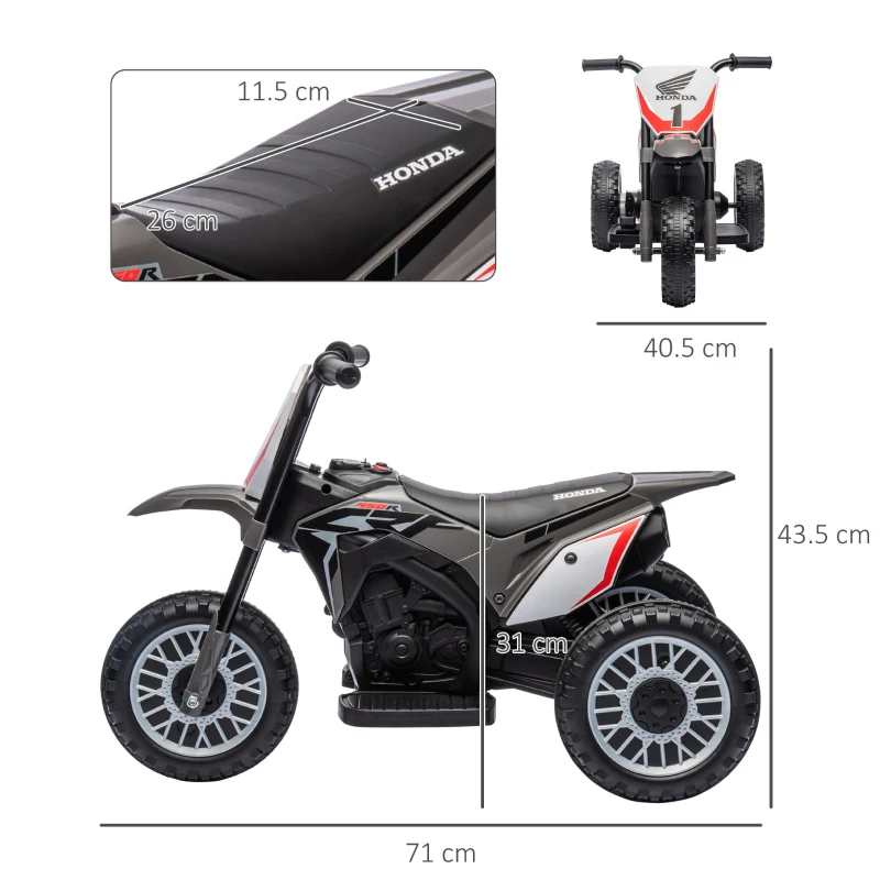 HOMCOM Motocicletă Electrică pentru Copii sub Licență Honda CRF450RL cu 3 Roți și Claxon, 71x40.5x43.5 cm, Gri