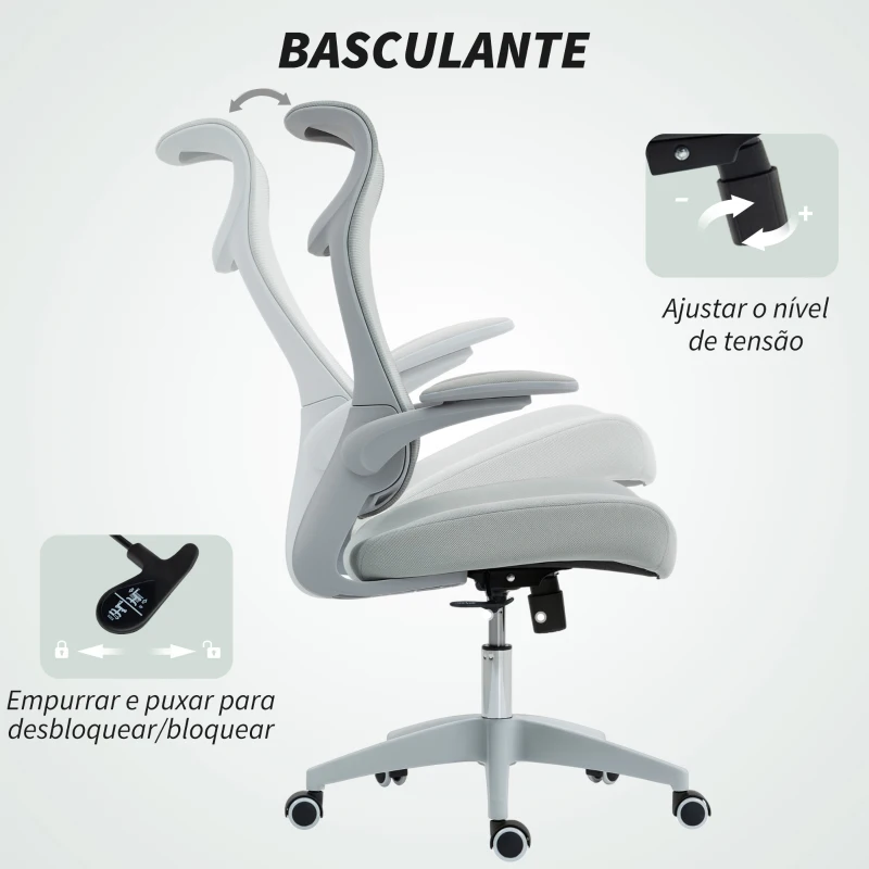 HOMCOM Cadeira de Escritório Ergonómica com Suporte Lombar e Apoios de Braços 3D Dobráveis Função de Basculante 64x65x108-118 cm Cinzento