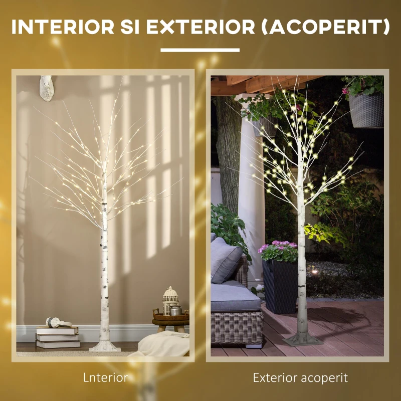 HOMCOM Lumina artificiala pentru copac de mesteacan alb, cu lumina LED pentru interior si exterior