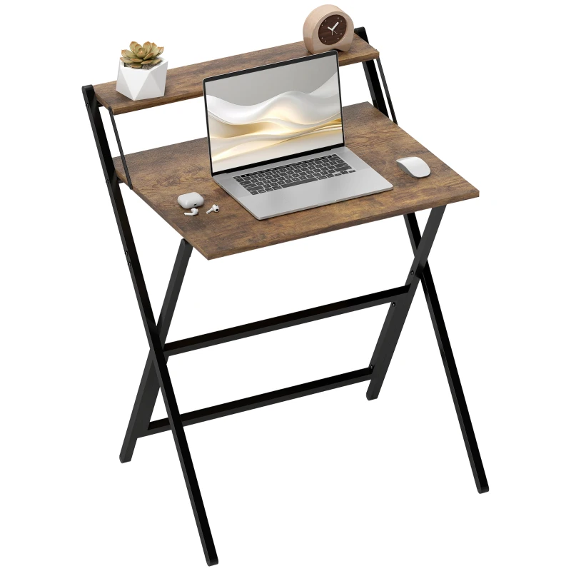 HOMCOM Foldable desk 65,5 x 45 cm with storage shelf for bedroom, small spaces, rustic brown