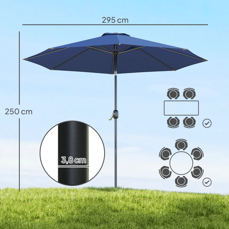 Outsunny Chapéu de Sol de Jardim Ø295x250 cm com Manivela Mecanismo de Inclinação e Mastro Desmontável de Metal para Terraço Azul