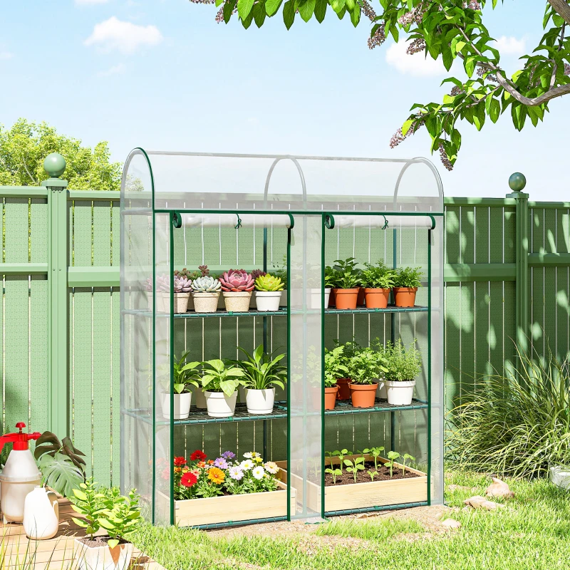 Outsunny Serre de Jardin avec étagères 3 niveaux, Petite Serre en Bâche PVC et Châssis Acier, 2 Portes Roulantes, Transparent