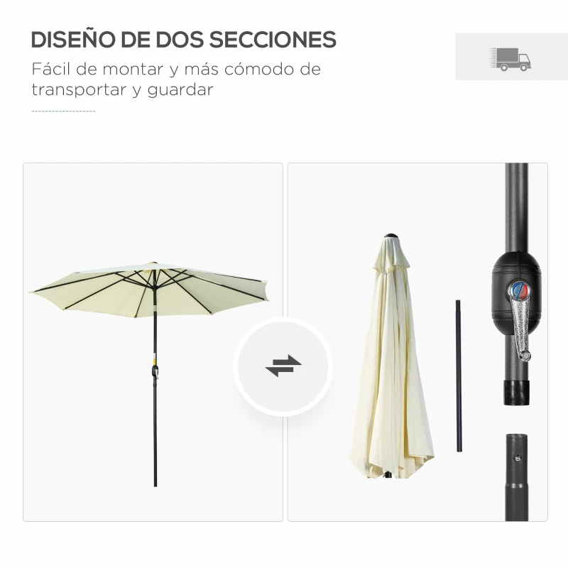 Outsunny Sombrilla de Jardín Ø295x250 cm con Manivela Parasol Exterior con Mecanismo de Inclinación y Poste Desmontable Beige