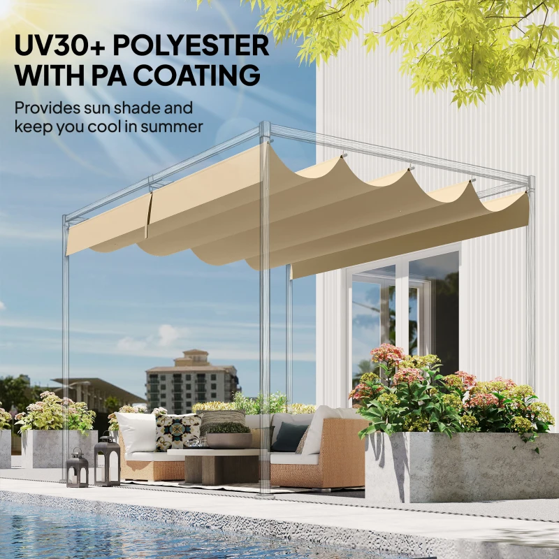 Outsunny Retractable Pergola Canopy Only, 3.92 x 3.5 m, UV30+ Replacement Canopy Cover for 4 x 3 m Pergola, Khaki
