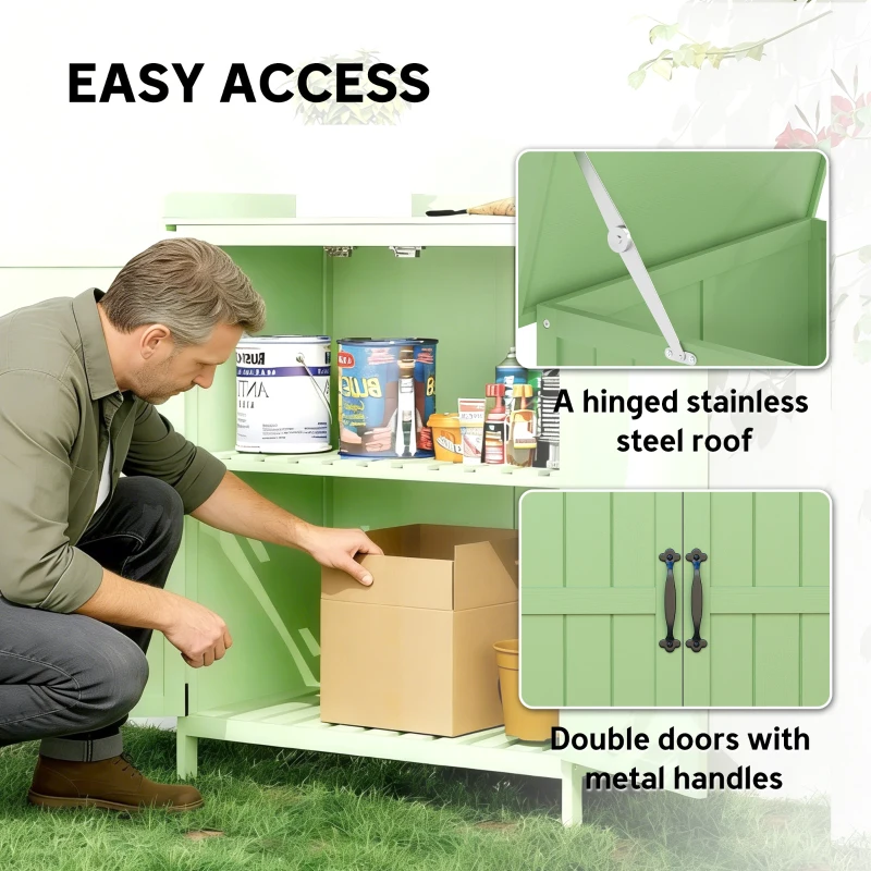 Outsunny Wooden Garden Shed, Garden Tool Storage Shed with Hinged Roof and Shelf, Outdoor Storage Cabinet with Double Doors, Light Green