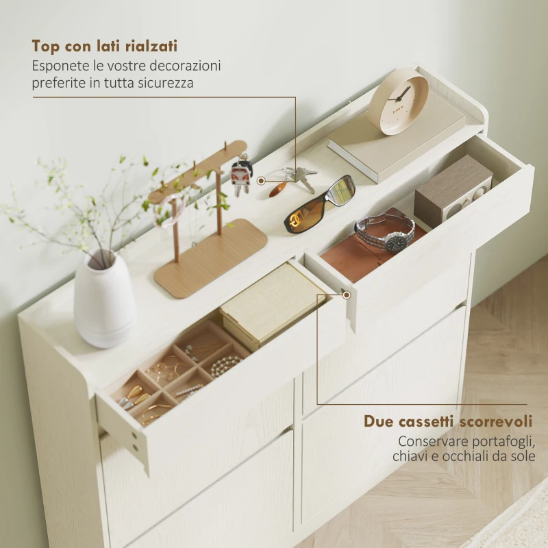 HOMCOM Scarpiera Slim in Legno con 4 Cassetti a Ribalta e 2 Cassetti Scorrevoli, 98x19.2x95.3 cm, Bianco