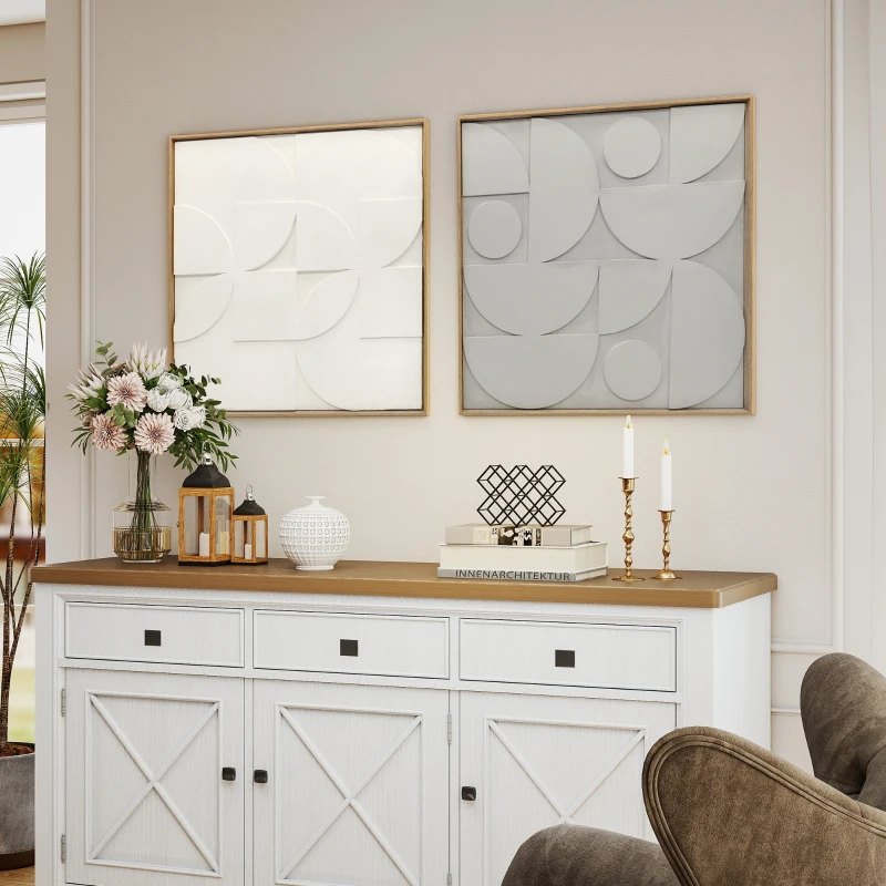 HOMCOM Decoração de Parede em Madeira 3D Conjunto de 2 Peças com 80 cm e Padrões Geométricos Branco