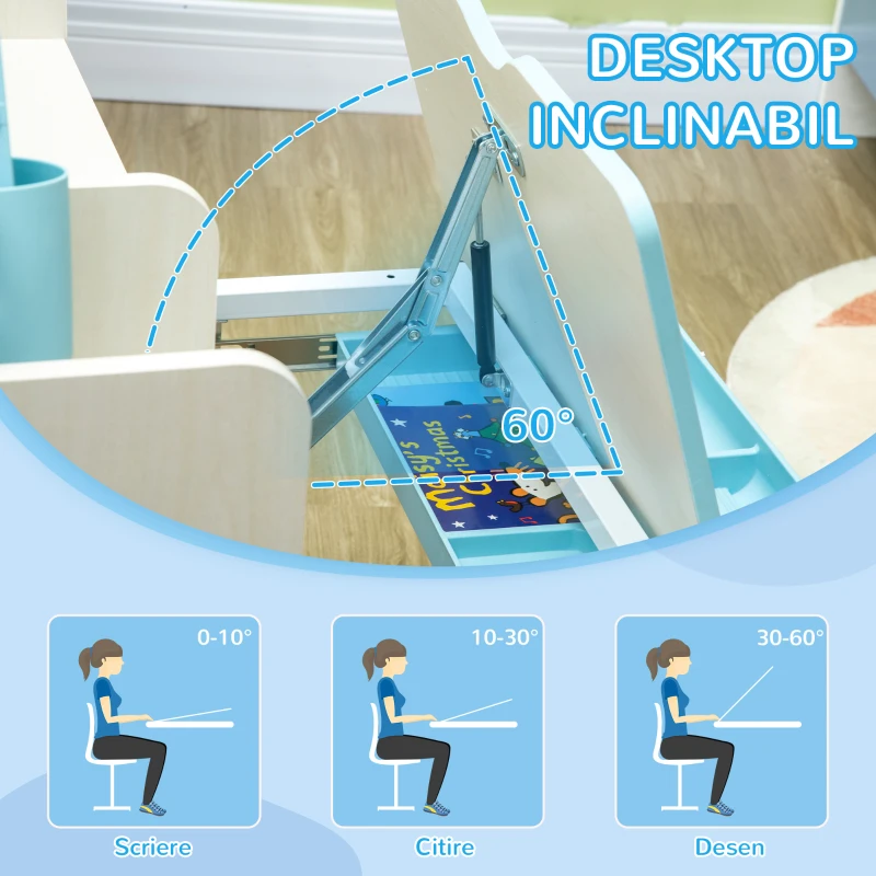 HOMCOM Set Birou și Scaun pentru Copii Reglabile, Inclinabilă la 60° cu Sertar, Rafturi și Suport, 3+ Ani, Albastru