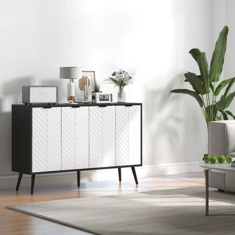 HOMCOM Madia a 4 ante con ripiani regolabili e gambe in legno, 120x35x77,4 cm, Bianco e Nero