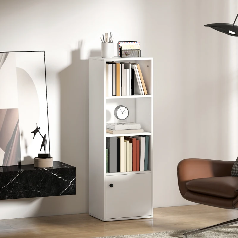 HOMCOM Librería de 4 Niveles Estantería para Libros Moderna con Estantes Abiertos y Puerta 40x30x120 cm Blanco