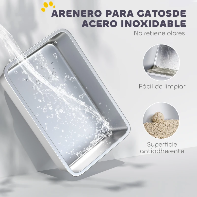 PawHut Arenero para Gatos de Acero Inoxidable XL con Borde Alto Pala Fácil de Limpiar Prueba de Fugas 60,2x40,2x29,7 cm Gris