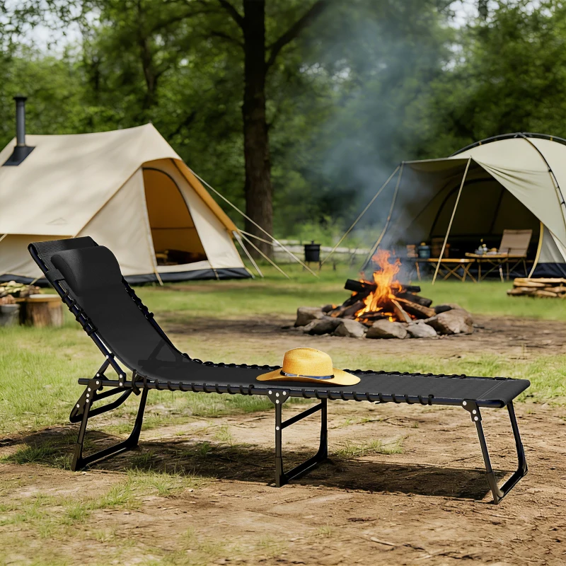 Outsunny Tumbona Plegable Ajustable de 4 Posiciones con Sistema de Cordones para Exterior Marco Acero 189x58x30 cm Negro