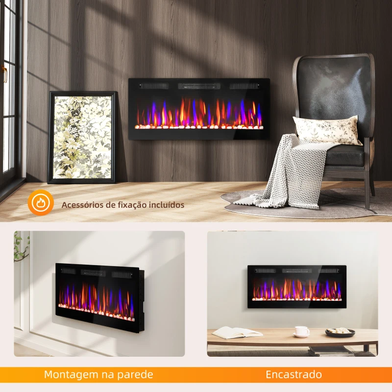 HOMCOM Lareira Elétrica Ultrafina de Parede e Embutir com Chama 3D Brilho/Velocidade Ajustável 12 Cores Pedras 900/1800W 106,7x9,4x47 cm Preto