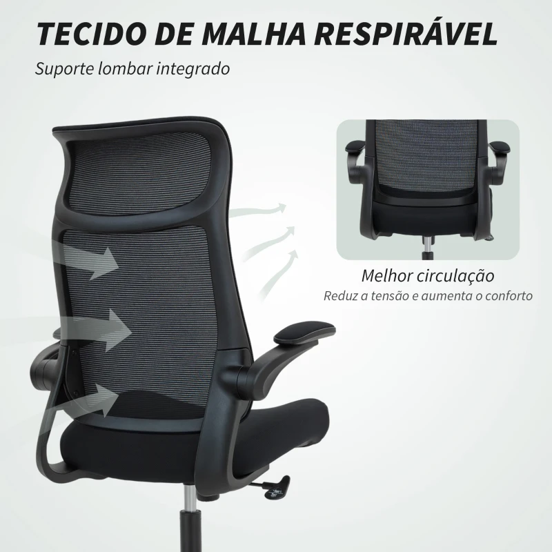 HOMCOM Cadeira de Escritório Ergonómica com Suporte Lombar e Apoios de Braços 3D Dobráveis Função de Basculante 64x65x108-118 cm Preto
