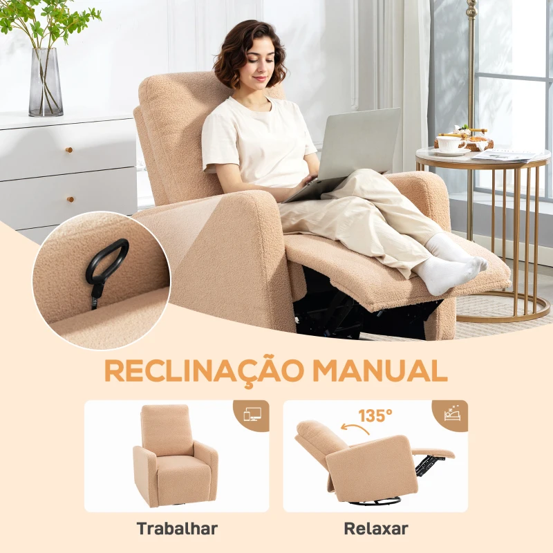 HOMCOM Poltrona Relax Reclinável Manual Poltrona Relax de Borreguito com Função de Baloiço 360° Reclinável até 135º 76x94x100 cm Marrom Claro